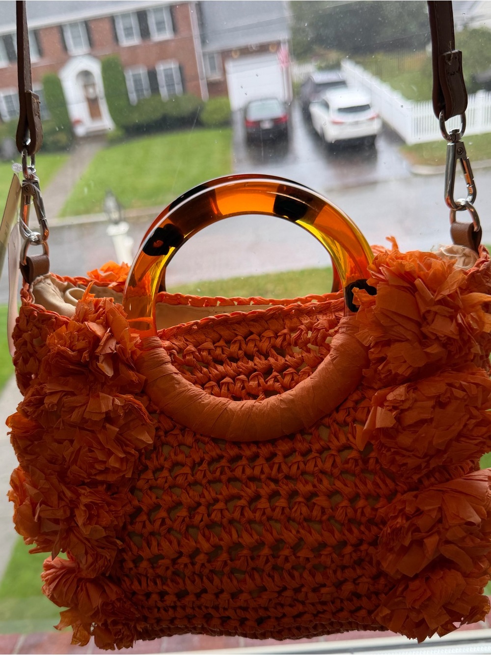 Orange Woven Raffia Tote with Acrylic Handles - Women Bags